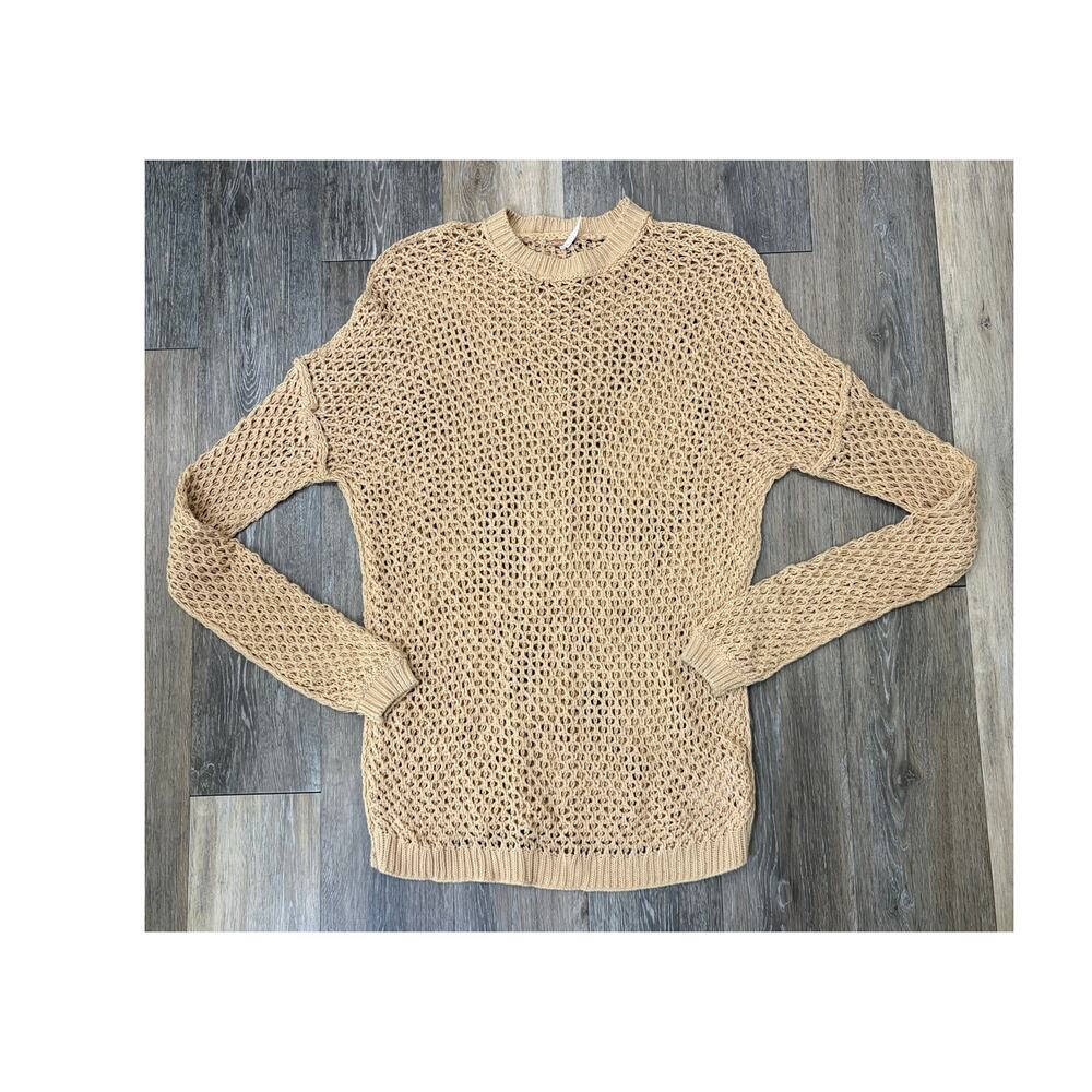 Free People Womens Open Knit Sweater Small Beige Tan Lightweight Boho Pullover